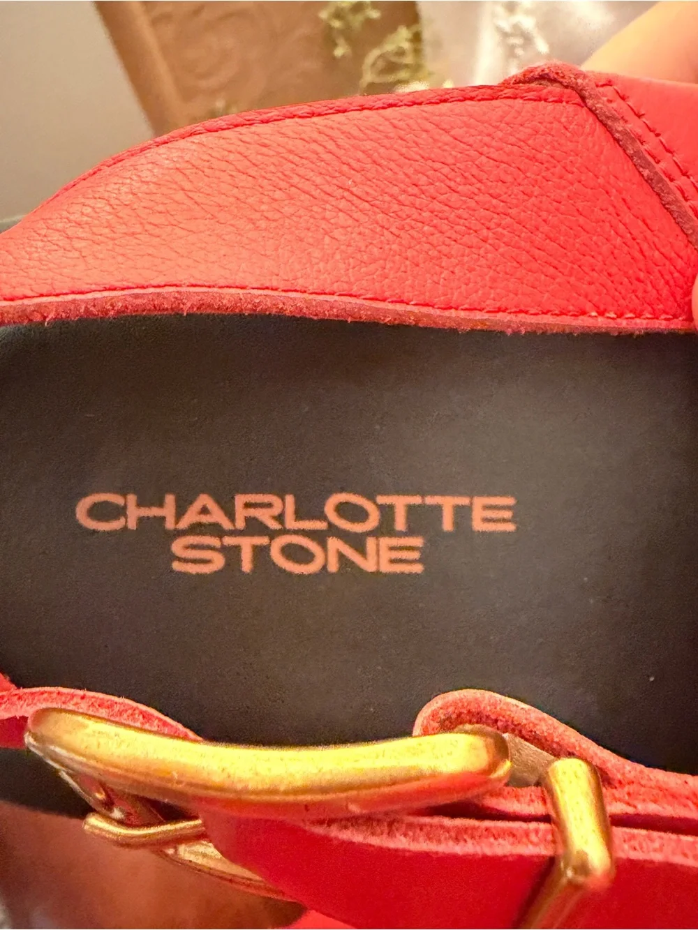 NWOT Charlotte Stone Red Leather Platform Cross-Strap Sandals with Gold Buckle